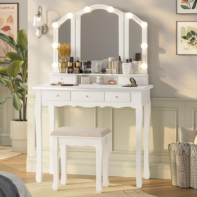 Tiptiper Makeup Vanity with Lights, Vanity Desk with Lighted Mirror and Stool, Vanity Table Set with 5 Drawers, 3 Light Settings, Adjustable Brightness, White