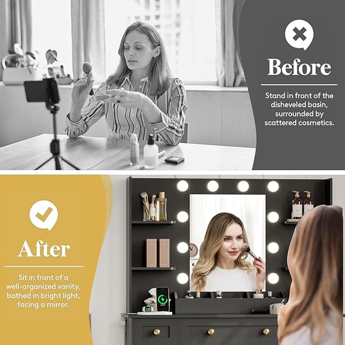 Vanity Makeup Desk with Mirror and Lights, Farmhouse Vanity Table Set with Storage Drawers, Charging Station & Chair, 43" Large Rustic Dressing Table, 3 Lighting Modes for Women Girls Bedroom, Black