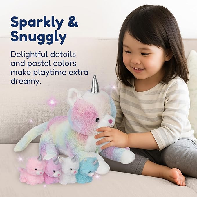 PixieCrush Unicorn Cat Plushie - Mommy Cat Unicorn with 4 Baby Kittens - Magical Pillow Plushies for Girls Ages 3-8 - Big Stuffed Animals - Ideal Gift for Girls 5 x 10 x 8 inches