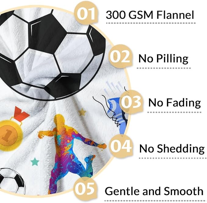 Soccer Blanket for Kids - 50x60 Inches Soft Fuzzy Cozy Throws Gifts for Soccer Players - Colorful Sports Throw Blanket for Couch, Living Room & Office