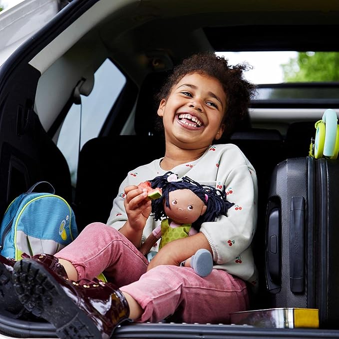 HABA Cari 12" Black Baby Doll with Black Pigtails, Embroidered Face, Removable Green Dress, Machine Washable Soft Baby Doll - 18 Months+