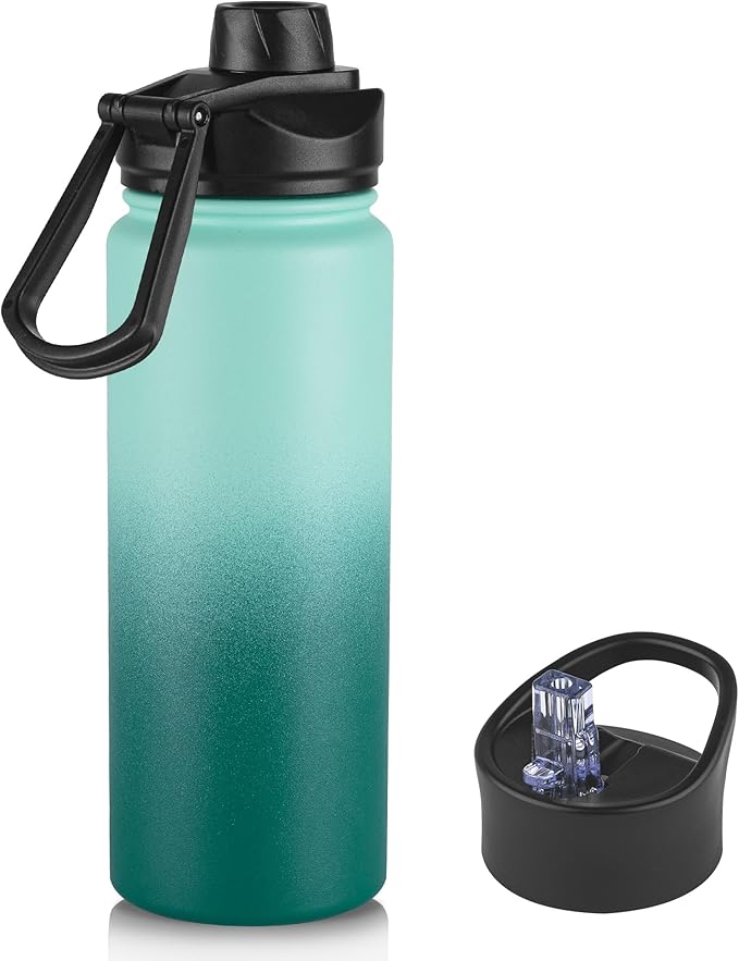 16 oz Insulated Water Bottle with Straw Lids, Stainless Steel Kids Water Bottles for School, Double Wall Vacuum Metal Water Bottle with Straw & Wide Mouth Lid, Gradient Green 1 Pack