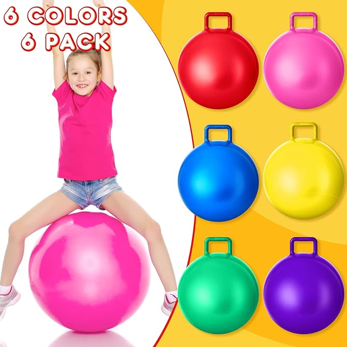 Lewtemi 6 Pcs Hopper Ball Carnival Outdoor Games 20 Inch Jumping Hopping Inflatable Bouncing Ball with Handle and Air Pump for Kids Sport Exercise (Red, Blue, Green, Pink, Yellow, Purple)