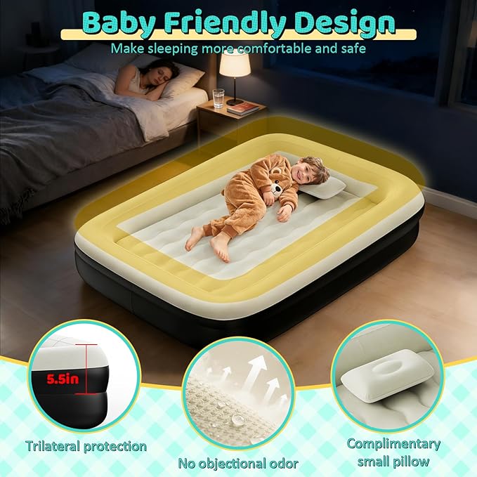Inflatable Toddler Travel Bed - Toddler Blow Up Mattress with Safety Sides - Kids Air Mattress with Electric Pump & Carry Bag - Lightweight Camping Portable Bed for Sleeping Outddor - 64inch