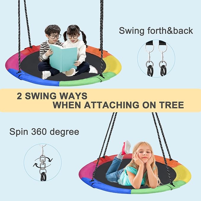 43 inch Saucer Tree Swing for Kids,Durable Textilene Round Swing Heavy Duty, Waterproof and All-Weather Resistant,Swivel,Adjustable Strong Ropes,Easy to Install,Outdoor Playground Backyard