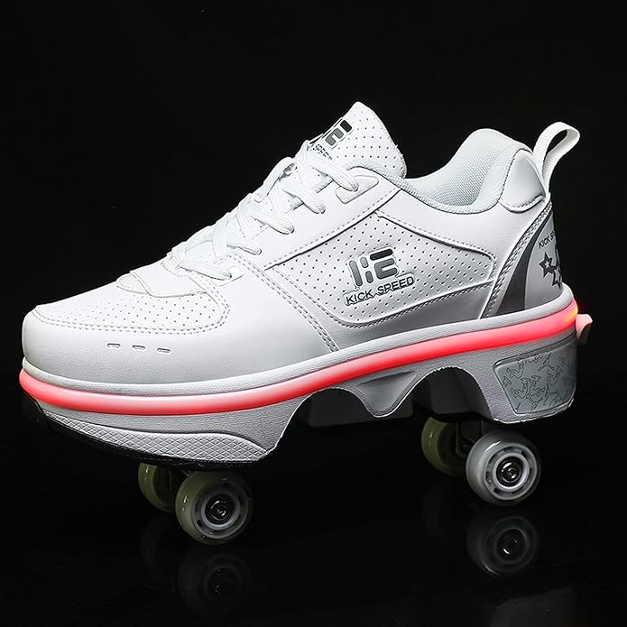 2-in-1 Roller Skates Shoes with Retractable 4 Wheels & Pop-Out Deformation Sneakers Outdoor Sports Skating Shoes for Girls Boys
