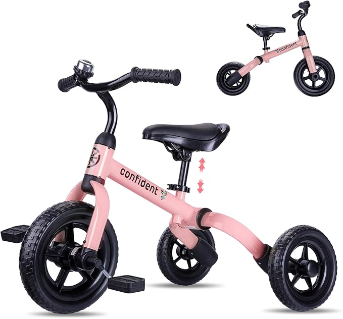 YGJT 3 in 1 Tricycle for Toddlers Age 2-5 Years Old, Folding Kids Balance Bike with Adjustable Seat and Removable Pedal, Toddler Bike Ride-on Toys for Infant, Gifts for Baby Girls Birthday(Pink)