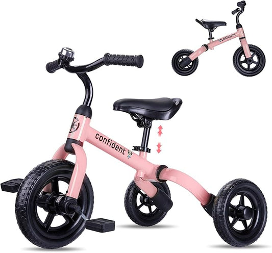 YGJT 3 in 1 Tricycle for Toddlers Age 2-5 Years Old, Folding Kids Balance Bike with Adjustable Seat and Removable Pedal, Toddler Bike Ride-on Toys for Infant, Gifts for Baby Girls Birthday(Pink)