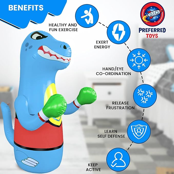 Inflatable Dinosaur Punching Bag for Kids – Bop Bag for Toddlers and Children Ages 3-14 – 47" Blow Up Toy with Bounce-Back Action – Fill Base with Sand or Water