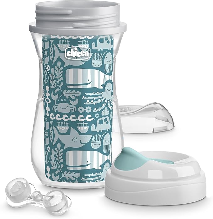 Chicco Double-Wall Insulated Sippy Cup with Bite-Proof Rim Spout and Spill-Free Lid 9oz. | Top-Rack Dishwasher Safe | Easy to Hold Ergonomic Indents | Ocean Print/Surf, 2pk | 12+ months