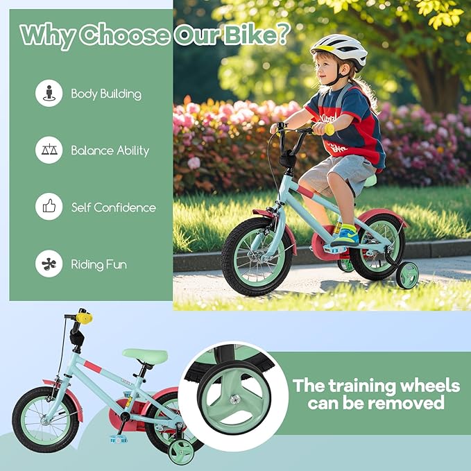 BABY JOY Colorful Macarons Kids Bike, 12 14 16 18 Inch Sporty Children's Bicycle with Training Wheels, Adjustable Handlebar & Saddle, Handbrake & Coaster Brake, Boys Girls Bike for 3-8 Years Old