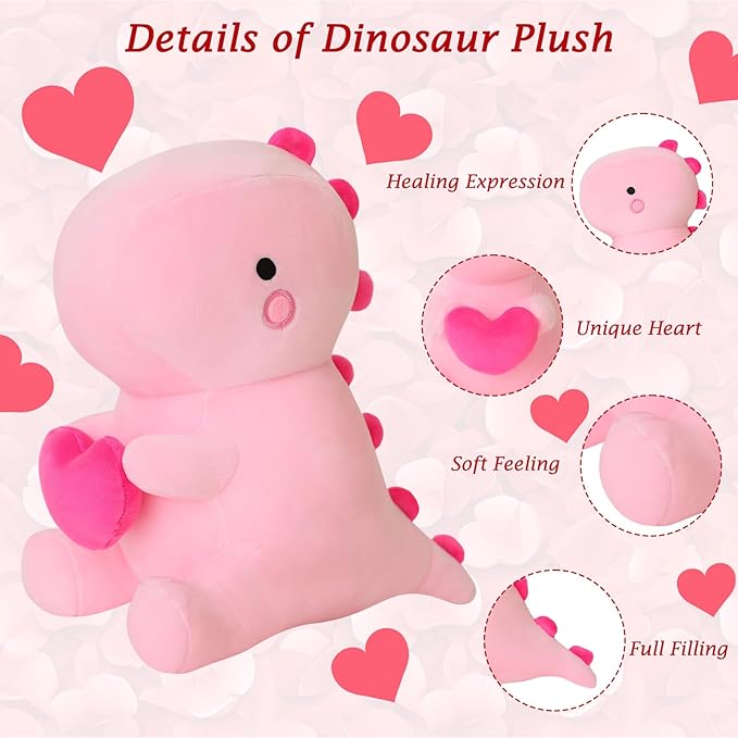 SQEQE Dinosaur Stuffed Animal, Loving Soft Dino Plush Toys with Holding Heart, Sweet Romantic Anniversary Birthday Gift for Her Girls Boys Girlfriend(Pink,12 inch)