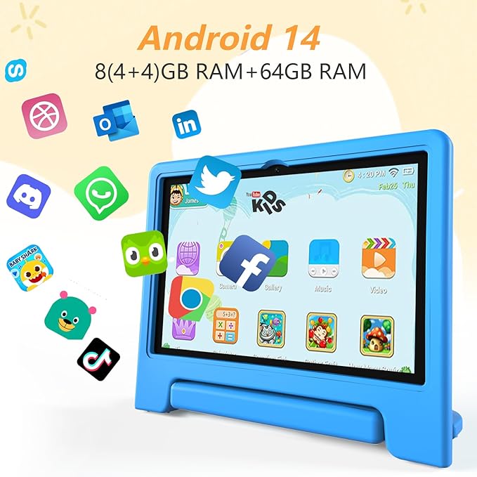 10.1-Inch Kids Tablet, 8GB+64GB, Android 14, 8-Core CPU, Educational Apps, Parental Controls, WiFi, 1280x800 HD Display, Cameras, Shockproof, Long Battery Life