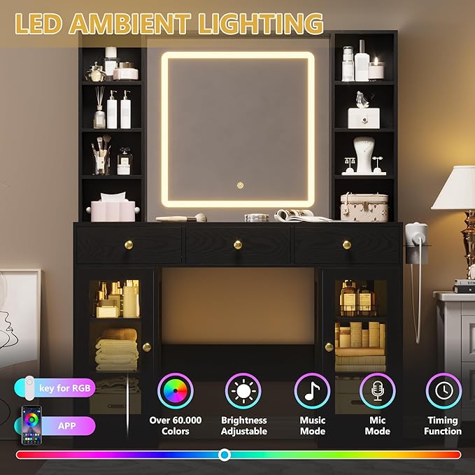 Vanity Desk with Mirror and Lights, White Makeup Vanity with Glass Top & Drawers, 3 Lighting Modes, Power Outlet, RGB Glass Cabinets, Modern Dressing Table for Girls, Women, Teens