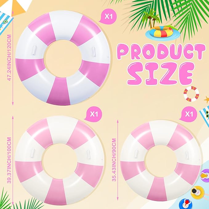 3 Pcs Large Swim Ring with Handles Set 47.24" 39.37" 35.43" Inflatable Pool Inner Tube Classic Striped Pool Ring Floats for Adults Teens Summer Lounger Beach Party Supplies