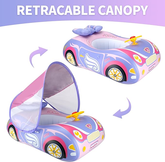 Swimbobo Toddler Pool Float Inflatable Car Baby Swim Float with Adjustable Sun Canopy and Safety Seat Pool Toys for Kids 3+ Years Old