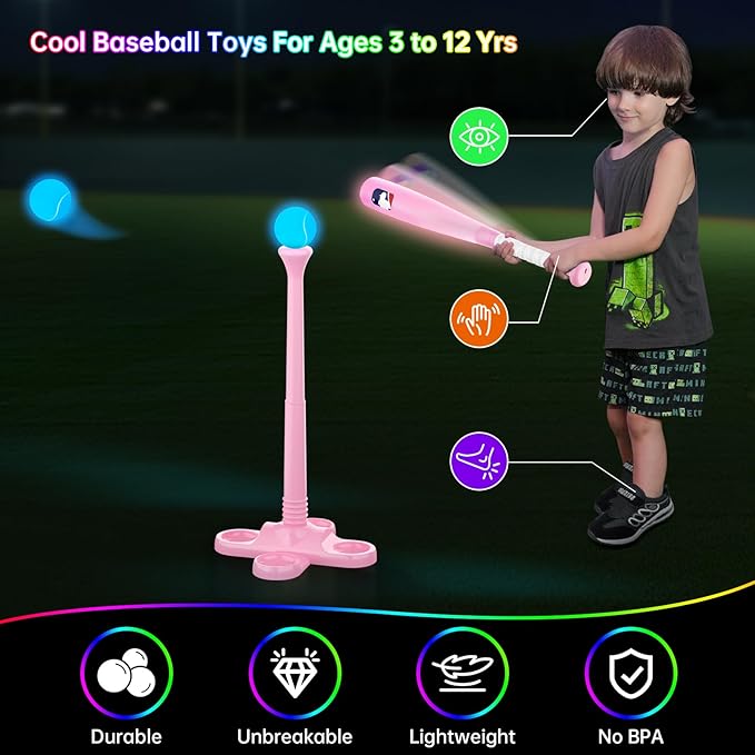 T Ball Set, Light Up LED Baseball Toys for Kids Toddlers 3-8, Glow in The Dark Tee Ball Set, Rechargeable Portable Toddler Outdoor Toys for Barkyard Camping, Gifts for Boys Girls (Pink)