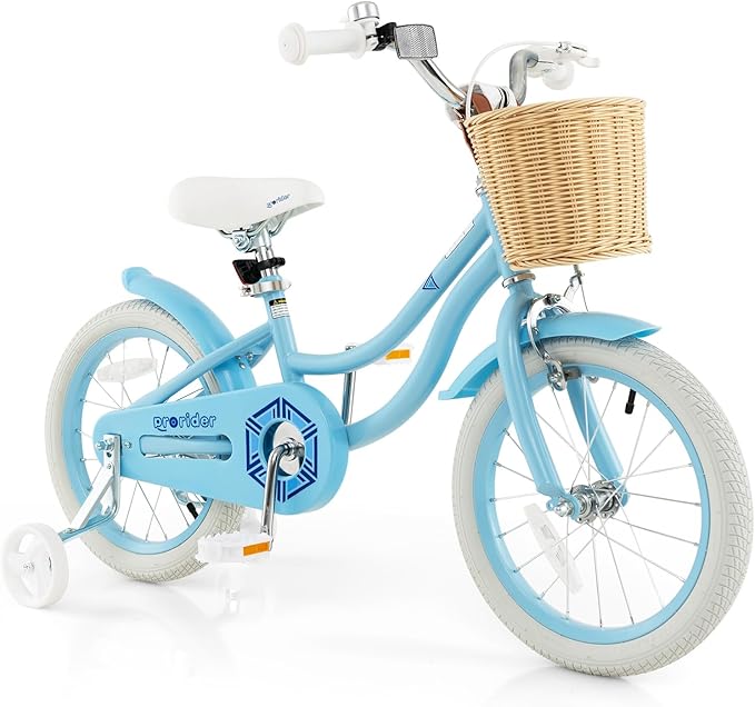 BABY JOY Kids Bike, 14 16 18 Inch Retro Kids Bicycles for 3-8 Years Old Children with Training Wheels, Adjustable Height, Rattan Basket, Handbrake & Coaster Brake, Boys Girls Bike (Pink, Green, Blue)