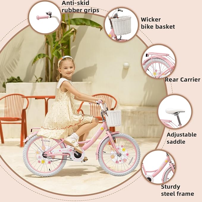 Girls Bike with Basket for Toddlers and Kids Aged 3-14 Years Old, 12 14 16 18 Inch with Training Wheels & Doll Seat, 20 Inch with Kickstand & Rear Rack, Princess Style Bicycle for Gift.