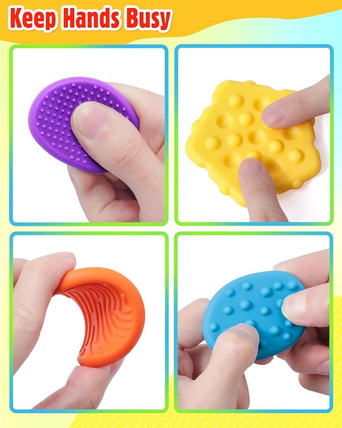 Sensory Fidget Toys for Kids Adults: 16 Pack Textured Silicone Worry Stones for Anxiety Relief, Sensory Stress Toy for Autism Kids Calming, Quiet Small Fidgets for Classroom Stocking Stuffers