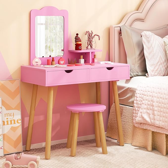 Costzon Kids Vanity Set, Girls Vanity Set with Mirror and Stool, 2 Large Drawers, Storage Shelf, Wooden Princess Makeup Dressing Table, Vanity Table and Chair Set for Toddlers (Pink)