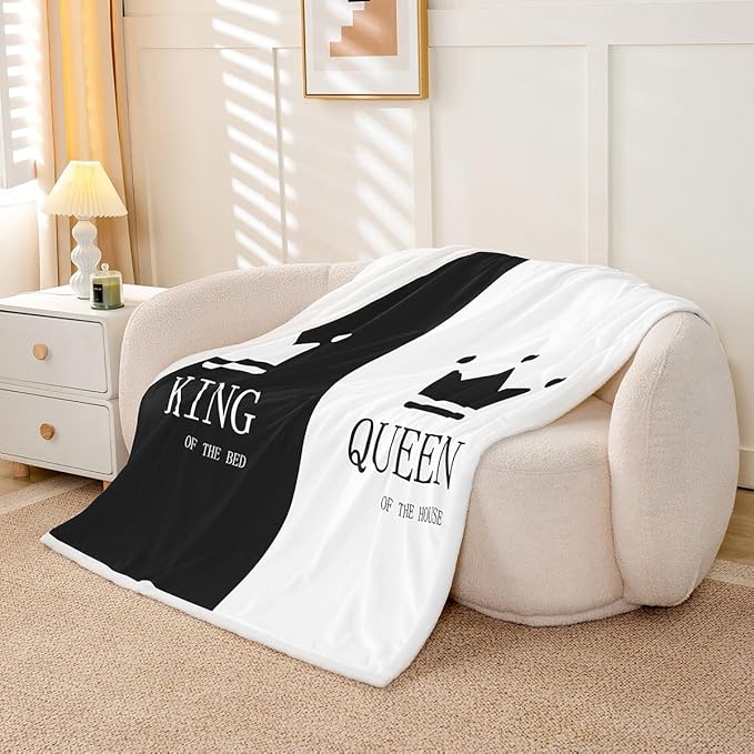 Crown Queen and King Plush Blanket His and Hers Matching Couple Sherpa Blanket Lover Romantic Valentine's Day Presents Fleece Throw Blanket Black and White Fuzzy Blanket Room Decor Baby 30x40 Inch