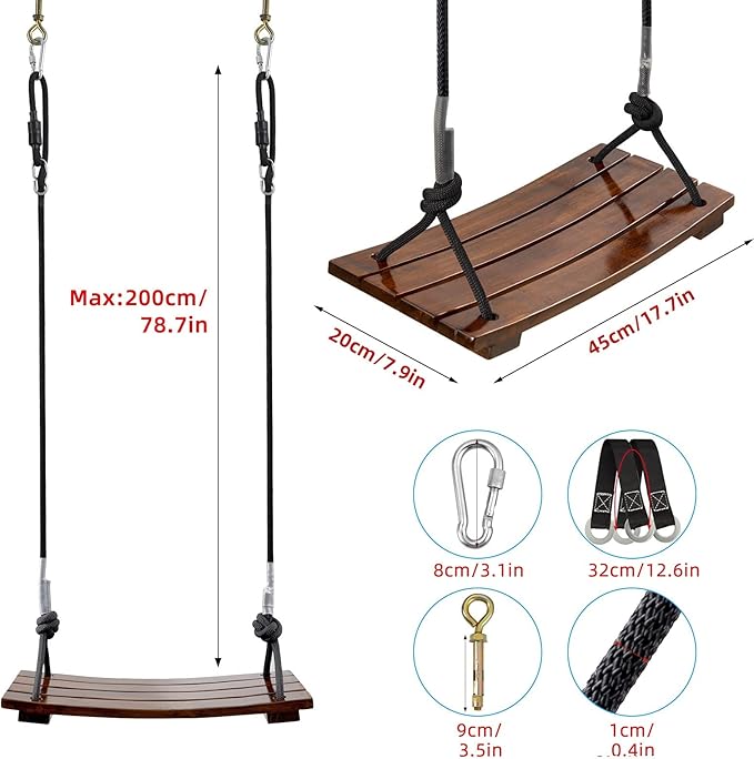 PELLOR Wooden Swing Seat, Carbonized Hanging Wood Tree Swing 17.7 x 7.9 x 0.5 in for Adult Kids Children Anticorrosive & 100% Waterproof 440lbs Load Indoor Outdoor Backyard Play