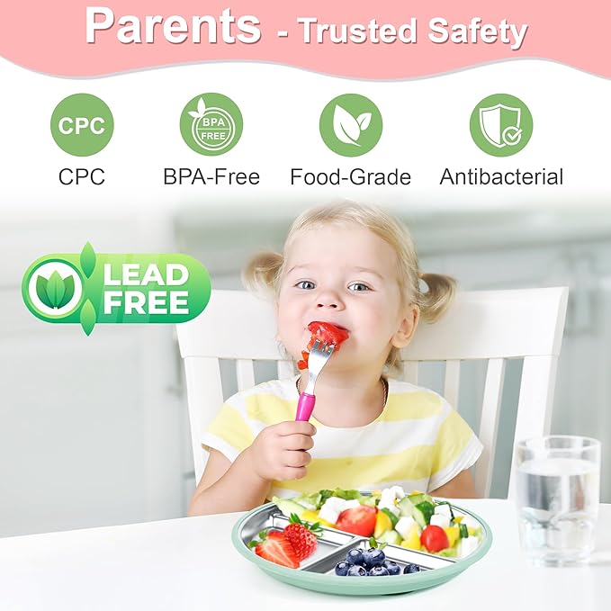 Bella’s Friends Stainless Steel Baby Plates with Suction 3 Pack, 8” Divided Toddler Plates with Removable Silicone Sleeves for Mess-Free Feeding, Non-Toxic, Non-Slip, Dishwasher Safe, beige,gray,green