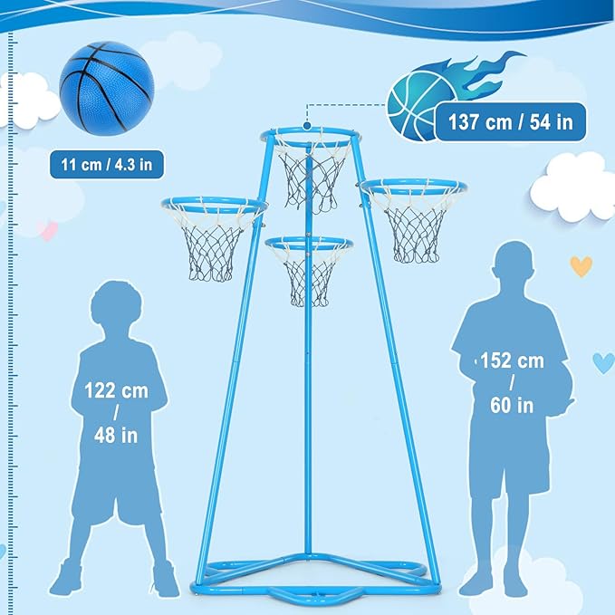Kids Basketball Hoop Portable Basketball Stand Toys Basketball Indoor Outdoor, Portable Basketball with 4 Hoops at Varying Heights and 3 Balls Toy Set for Age 3 Years and Up(Pale Blue)