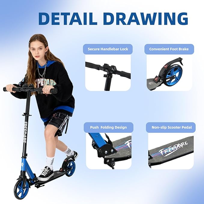 FREEDARE Kick Scooter for Kids & Adults Ages 8+, Foldable Teen Scooter with 2 Big 8-inch Wheels and 4-Level Adjustable Handlebar, Max Load 220 LBS