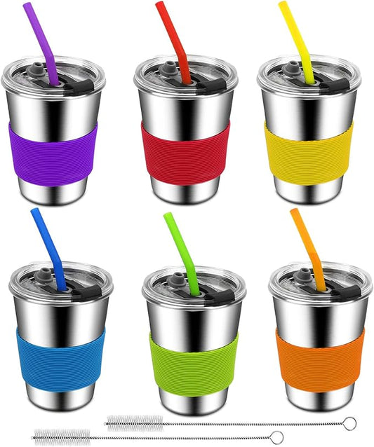 ShineMe Kids Cups with Straws and Lids, 12oz Spill Proof Toddle Straw Cups with Sleeves, Reusable Water Tumbler for Cold & Hot Drinks, Stainless Steel Sippy Cup 6 Pack