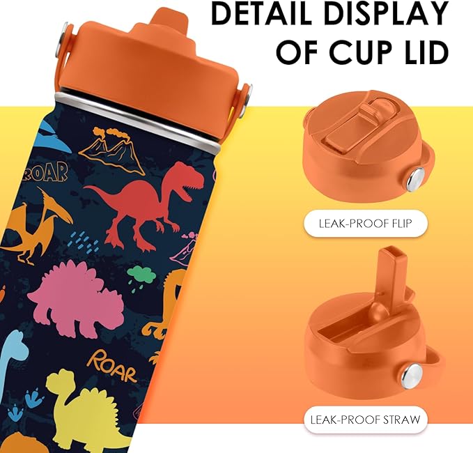 Dinosaur Gifts for Kids - 16oz Colorful Dino Water Bottle with Straw Lid, Stainless Steel Insulated Tumbler, Leakproof, BPA-Free, for Boys & Girls, School, Travel - Dino Lovers Birthday Gift Cup (1pc)
