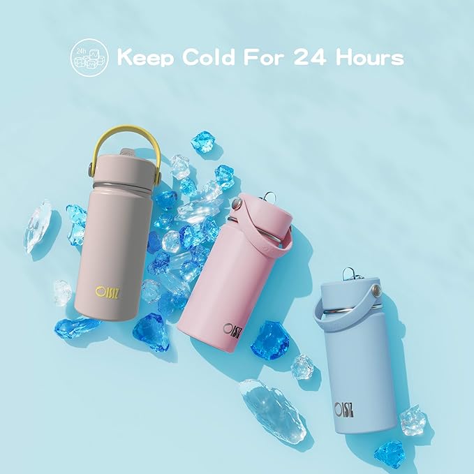 OISIZ Kids Water Bottle with Straw Lid 14oz, Vacuum Insulated 316 Stainless Steel Water Bottles for Kids for School, Leakproof Water Bottle, BPA Free and Keep Cold for 24 Hours