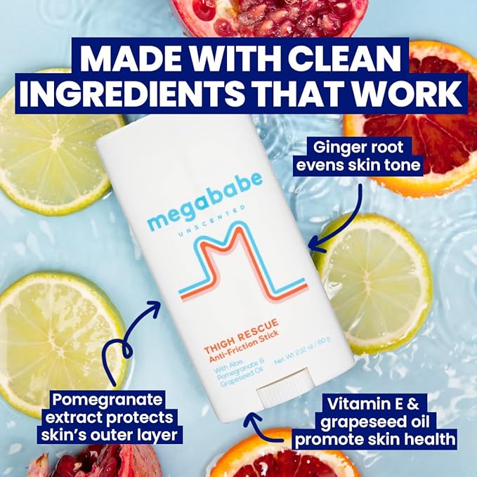 Megababe Thigh Rescue Anti-Chafe Stick | Prevents Skin Chafe & Irritation | Thighs, arms, bra-lines & more | 2.12oz - Unscented Summer Vacation Essentials