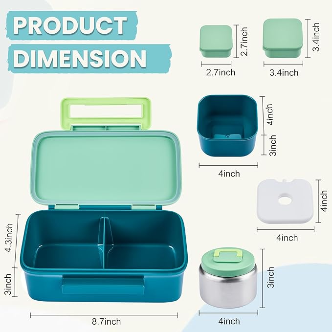 PIQUEBAR Kids Lunch Box with 8oz Thermo, Leakproof Bento Box with Insulated Bag, Kids Insulated Water Bottle with Straw, Food Lunch Container for Back to School Girls Boys, Green