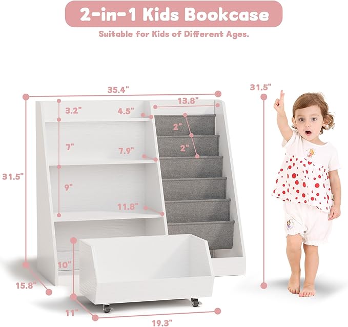 COZPAW Kids Bookshelf and Toy Storage, 4 Tier Toddler Bookshelf with Movable Drawer 5 Sling Pockets, Montessori Book Shelf for Kids Room, Playroom, Nursery (White)