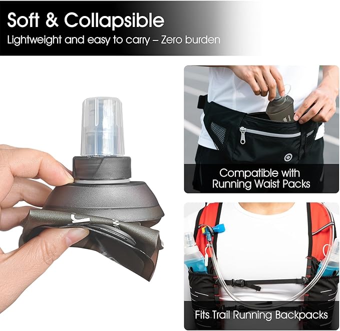 GYGYL Soft Flask, TPU Collapsible Soft Water Bottle for Hydration Pack, Running Vest, Leak-Proof Folding Water Bottle for Hiking Cycling Climbing Jogging-250ml Grey, 2pcs