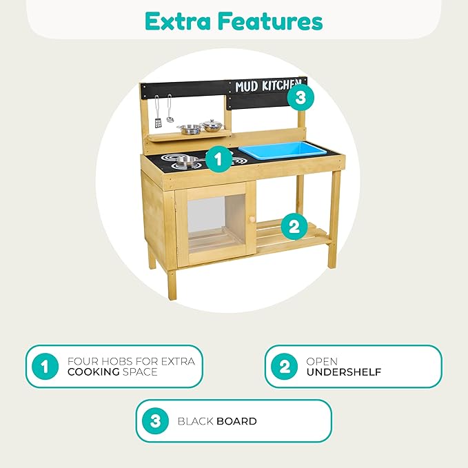 TP Toys, Kids Mud Kitchen | Backyard Kitchen Playset with Pretend Play Kitchen Accessories & Water Pan for Preschool Outdoor Play | for Ages 3-8 | Sustainable Sourcing from FSC Certified Timber.
