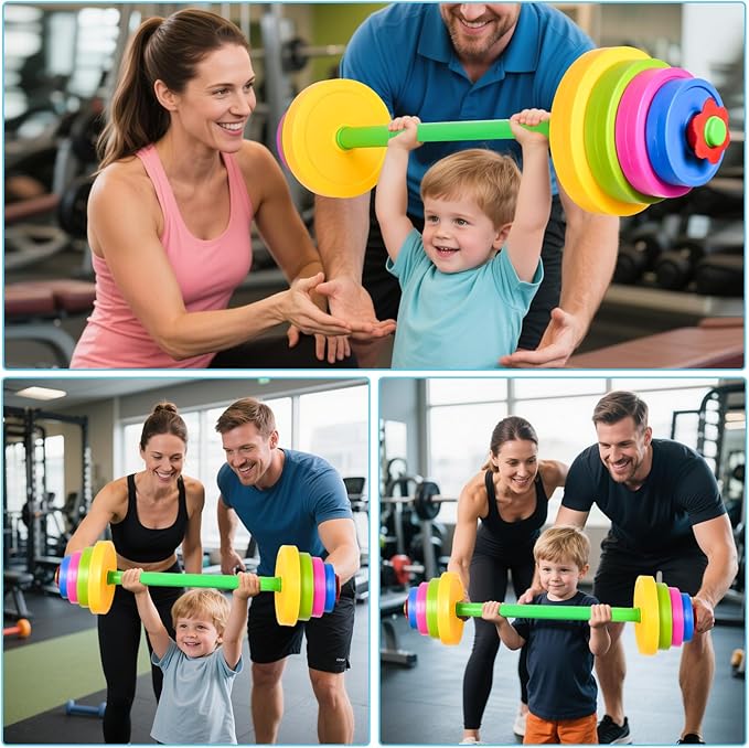 3-in-1 Kids Fitness Set with Adjustable Barbell, Kettlebell & Reusable Water Bottle – Kids Gym Equipment for Pretend Play Exercise, Fun Fitness Toys for Boys & Girls Home Workout