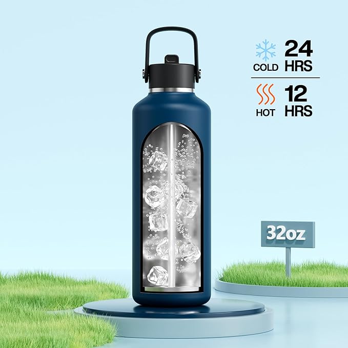 POWCAN 32 oz Water Bottle Insulated: BPA-Free, Leakproof Lid with Straw, Lightweight, Flex Cap, Stainless Steel Water Bottle for Hoilday, Men, Commute, Worker, Walking, Cycling, Daily (Indigo Blue)