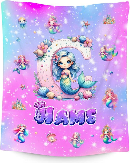 Mermaid Blanket for Girls Personalized Gifts Blankets for Kids - Soft Fuzzy Cozy Initial Throws for Sofa, Living Room