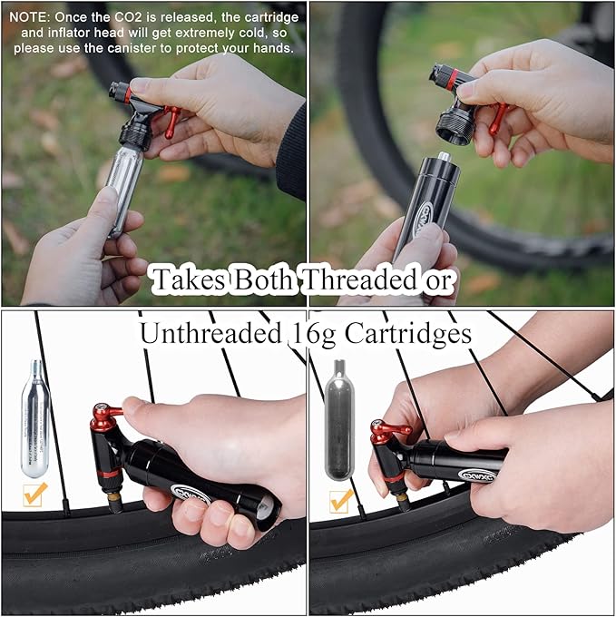 CXWXC CO2 Inflator with 4 x 16g CO2 Cartridges & Tubeless Tire Repair Kit - Presta/Schrader Valve Compatible - Bicycle Tire Pump for Road and Mountain Bikes