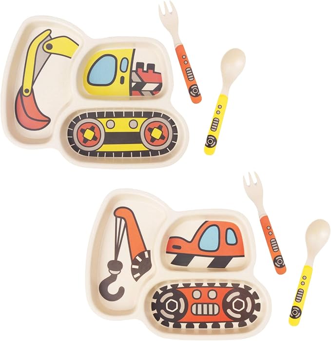 Kid Plate Set Toddler Plates Dinnerware Dinner Dish Set Baby Feeding Spill Proof Divided Plate - Baby Spoon and fork 3-Piece Set Teaches Child Portion Control (excavator/crane)