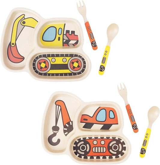 Kid Plate Set Toddler Plates Dinnerware Dinner Dish Set Baby Feeding Spill Proof Divided Plate - Baby Spoon and fork 3-Piece Set Teaches Child Portion Control (excavator/crane)