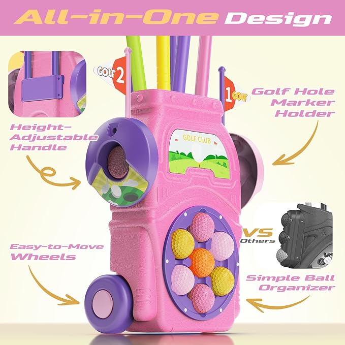 Kids Golf Toy Set for Toddlers Ages 3-5 – Preschool Sports Toys with Golf Cart, Putting Mat, 4 Clubs, 7 Balls & 2 Holes – Indoor Outdoor Learning Gift for Boys & Girls