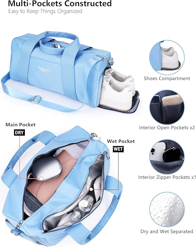 Compact Sports Gym Bag for Women, Cute Mini Duffle Bag with Wet Pocket & Shoes Compartment, Personal Item Travel Workout Bag, 16"- Small, Sky Blue