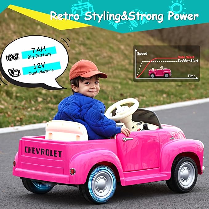 Joywhale 12V Kids Ride on Car Licensed Chevrolet 3100 Pickup Battery Powered Motorized Electric Car, with 7AH Big Battery, 2.4G Remote Control, 3-Speeds, Storage Space, Music, Retro Style, Pink