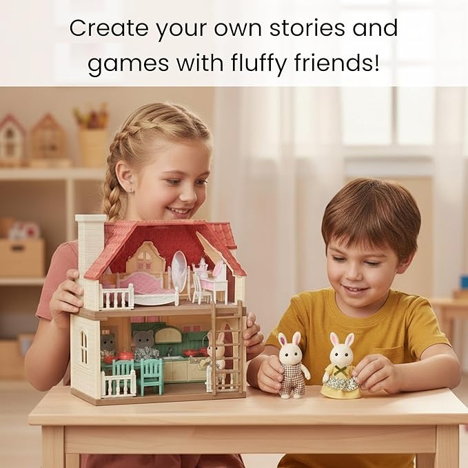 Family Brown Rabbit Figures — Set of 2 Collectible Flocked Mini Dolls with Removable Clothes, Miniature Dollhouse Pretend Play Figures for Kids Ages 3+