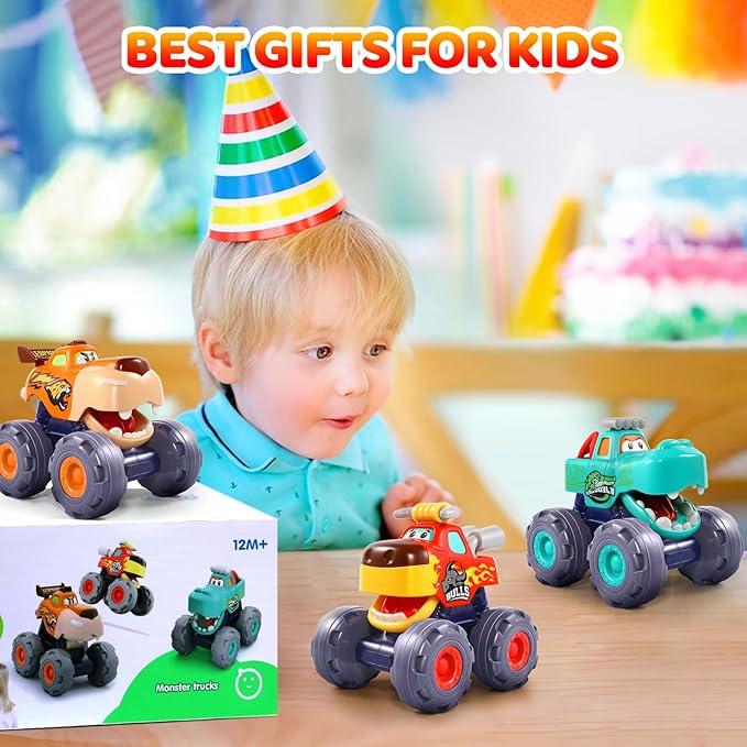 OCATO Car Toys for 1 Year Old Boy Gifts, Pull Back Monster Truck Toy Cars for Toddlers 1-3, 1 2 3 One Year Old Boy Birthday Gift 1st Vehicles Kids Stocking Stuffers Toddler Baby Boys Toys 12-18 Months
