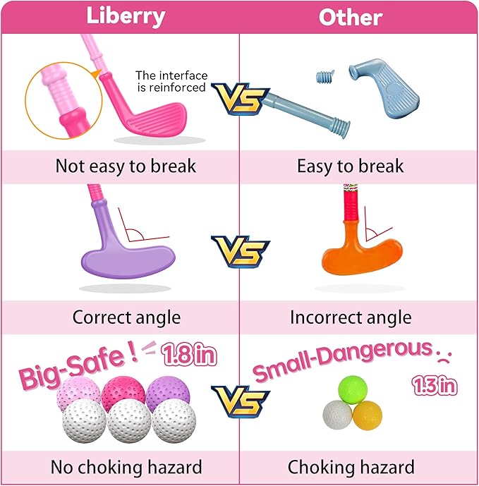 Liberry Toddler Golf Set for 1 2 3 4 Years Old, Upgraded Kids Golf Cart with Unique Shoulder Strap Design, Indoor and Outdoor Golf Toys for Boys Girls (Pink)